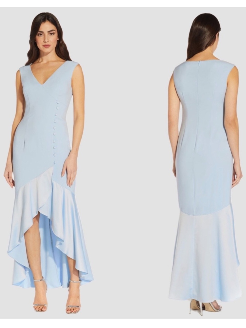 Adrianna Papell | Skyway Blue | Satin Crepe Button |  V-Neck High-Low Ruffle |10